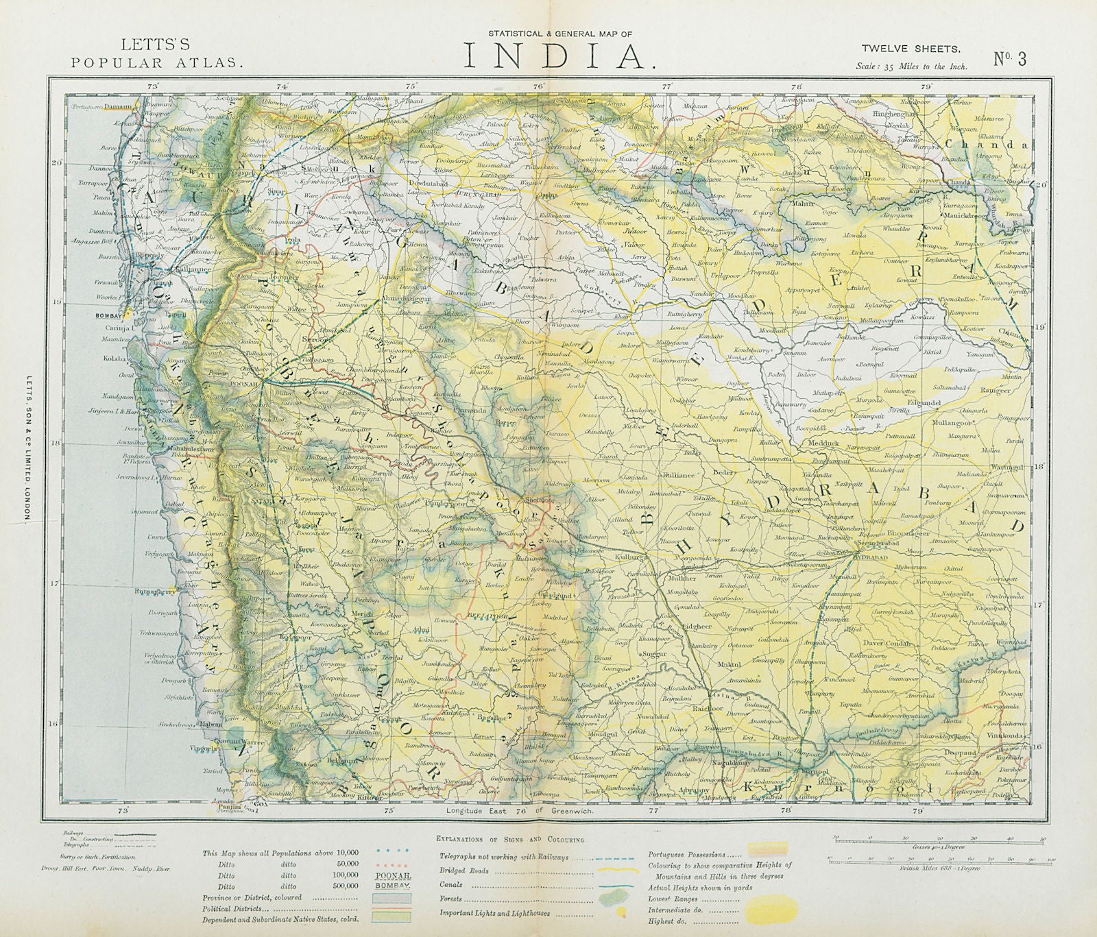 WESTERN BRITISH INDIA Maharashtra Bombay Mumbai Pune Goa Railways LETTS 1883 map